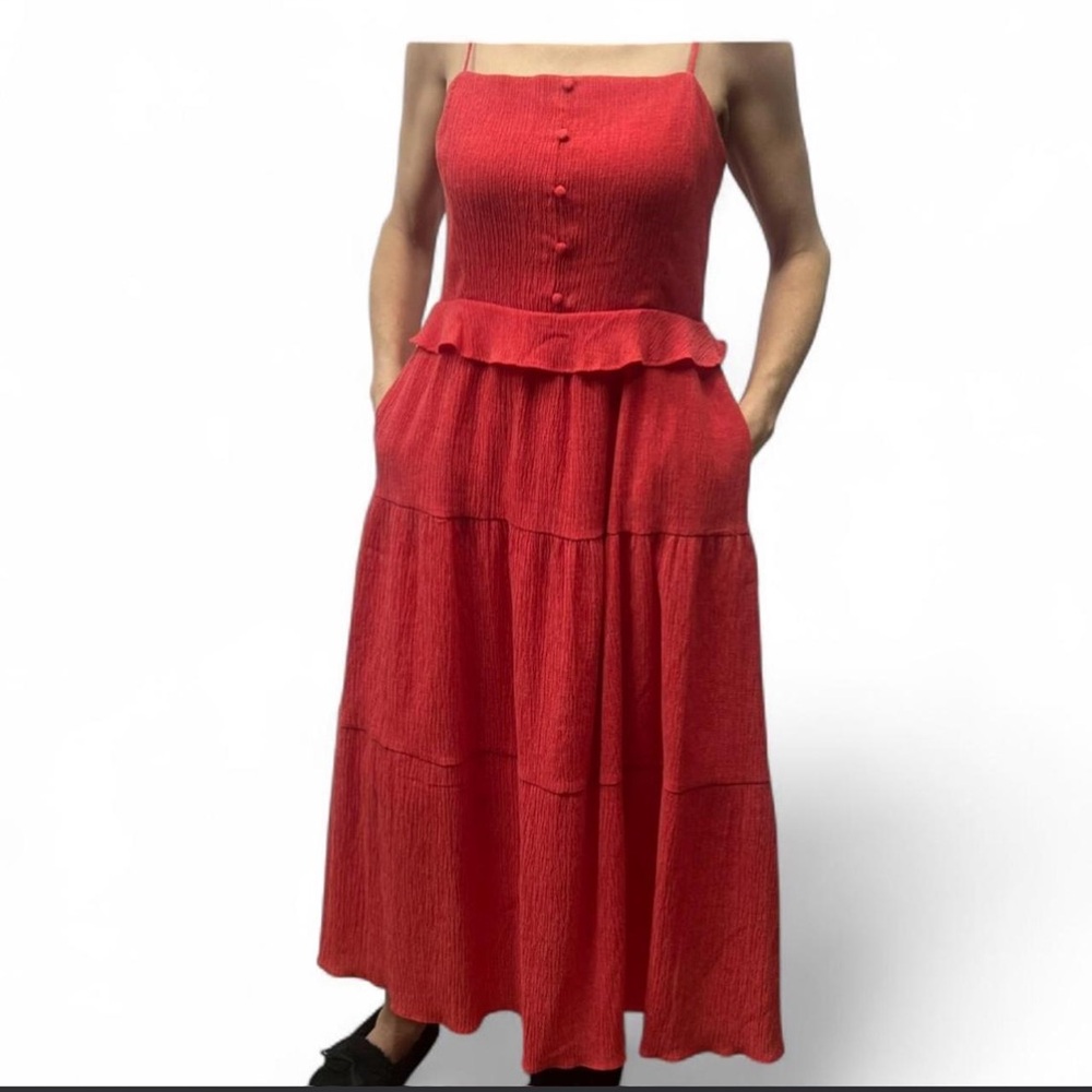 Red Textured Tiered Maxi Dress with Ruffle Waist